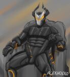  2023 5_fingers absurd_res acekhoexo armor balls chair digital_media_(artwork) erection fingers furniture genital_markings genitals glans glistening glistening_body grey_balls grey_glans grey_penis headgear helmet hi_res humanoid looking_at_viewer male markings mostly_nude omega_knight_(fortnite) orange_markings penis penis_markings ribbed_penis rock signature simple_background sitting solo throne 