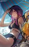  1girl absurdres beach bikini black_shirt blade_(honkai:_star_rail) breasts cleavage cocktail_glass cup drinking_glass eyewear_on_head highres holding holding_cup honkai:_star_rail honkai_(series) kafka_(honkai:_star_rail) martini monosucre multicolored_eyes multicolored_hair pink_eyes pink_hair purple_eyes purple_hair shirt silver_wolf_(honkai:_star_rail) sketch smile solo sunglasses swimsuit teeth umbrella 