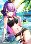  1girl alternate_costume alternate_hairstyle blush breasts cloud commentary_request demon_tail green_eyes headband highres hololive looking_at_viewer navel ocean open_mouth palm_leaf pointy_ears purple_hair shorts sky small_breasts solo tail tokoyami_towa virtual_youtuber yaya_(88cha) 