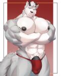  abs absurd_res alvedo_vhiich anthro barazoku biceps black_nipples black_nose bulge canid canine canis clothed clothing crossed_arms digital_media_(artwork) fur genitals grey_body grey_fur hair hi_res horn humanoid_genitalia humanoid_penis jhar_othim_(character) looking_at_viewer male mammal muscular muscular_anthro muscular_male nipples partially_clothed pecs penis red_eyes simple_background solo speedo speedo_only swimwear tail topless topless_anthro topless_male underwear vein veiny_penis white_body white_fur white_hair wolf 