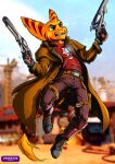  absurd_res anthro armor boots clothing duster_coat footwear gloves gun handgun handwear hi_res kaden lombax male mammal ranged_weapon ratchet_and_clank revolver solo sony_corporation sony_interactive_entertainment stripes sygnatus weapon 