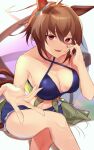  1girl absurdres agnes_tachyon_(lunatic_lab)_(umamusume) agnes_tachyon_(umamusume) ahoge animal_ears bare_shoulders bikini black_bikini blue_shorts breasts brown_eyes brown_hair cleavage clothes_around_waist collarbone commentary criss-cross_halter crossed_legs ear_ornament green_jacket hair_between_eyes halterneck hand_on_own_cheek hand_on_own_face highres horse_ears horse_girl jacket jacket_around_waist looking_at_viewer navel no_gloves official_alternate_costume open_mouth reaching reaching_towards_viewer short_hair shorts sitting sketch solo summer&#039;s_sunlight_fades_to_blue_(umamusume) swimsuit tail tied_jacket umamusume yomesuket 