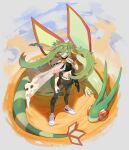  1girl breasts brown_hair cloak crop_top double_bun flygon gloves ground_miku_(project_voltage) hair_bun hatsune_miku holding holding_poke_ball leggings long_hair looking_at_viewer midriff poke_ball pokemon small_breasts solo twintails very_long_hair white_footwear white_gloves zambiie 
