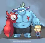  2023 absurd_res anthro biped blue_body bottomwear clothed clothing duo hi_res horn human kemono m2vcjtad5hsdvla male mammal meg&#039;s_monster monster musclegut red_body scar shorts size_difference 