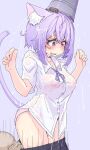  1boy 1girl blue_background blush breasts bucket bucket_on_head cat_girl cat_tail clothes_pull highres hololive kajimakoto nekomata_okayu nipples object_on_head open_mouth panties pink_panties pleated_skirt purple_eyes purple_hair see-through short_hair simple_background skirt skirt_pull solo_focus tail underwear virtual_youtuber water wet wet_clothes 