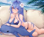  1girl :o absurdres azur_lane beach between_breasts bikini blue_hair blue_nails blush breasts day flower groin hair_between_eyes hair_flower hair_ornament helena_(azur_lane) helena_(shimmering_triangle_wave)_(azur_lane) highres hip_focus inflatable_shark inflatable_toy kyl490 large_breasts leaning_on_object long_hair looking_at_viewer lying medium_breasts nail_polish ocean on_side on_stomach open_mouth outdoors palm_tree purple_eyes solo staring swimsuit thighs tree two-tone_bikini very_long_hair wet wet_bikini wet_clothes wet_hair wet_swimsuit white_flower 