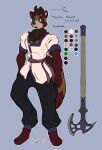  2023 absurd_res arashidrgn axe canid canine clothed clothing design_sheet fur hair hi_res male mammal melee_weapon model_sheet raccoon_dog simple_background solo tanuki weapon 