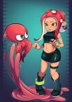  1girl absurdres agent_8_(splatoon) black_footwear black_shirt black_skirt boots breasts full_body highres long_hair midriff miniskirt navel octoling octoling_girl open_mouth phonixlight pointy_ears red_hair shirt skirt sleeveless sleeveless_shirt splatoon_(series) splatoon_2 splatoon_2:_octo_expansion standing stomach suction_cups tentacle_hair thigh_strap thighs yellow_eyes zipper 