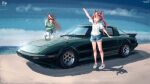  2girls absurdres animal_ears beach blue_shorts blue_sky brown_hair car character_request closed_eyes cloud day denim denim_shorts green_shirt highres horse_ears horse_girl horse_tail long_hair mazda mazda_rx-7 motor_vehicle multicolored_hair multiple_girls outdoors outstretched_arm pants ponytail run_rotary shirt shorts sky standing sunglasses tail umamusume water white_footwear white_hair white_pants white_shirt 