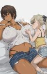  2girls blonde_hair blue_shorts breast_sucking brown_hair camisole dark-skinned_female dark_skin fingernails grabbing grabbing_another&#039;s_breast grey_background highres kei_(m_k) lying m_k midriff multiple_girls navel on_back open_fly original petite ponytail red_eyes rika_(m_k) shirt short_hair shorts simple_background thighs tomboy white_shirt yellow_camisole yuri 