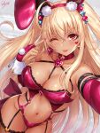  1girl :p animal_ears bare_shoulders blonde_hair breasts cleavage clothing_cutout commentary_request fake_animal_ears gyaru hair_ornament hairband hand_up highres kogal large_breasts leotard long_hair looking_at_viewer mole mole_on_breast nail_polish navel o-ring one_eye_closed original pink_nails playboy_bunny rabbit_ears red_eyes red_hairband red_leotard sakiyamama signature smile solo stomach_cutout tan tongue tongue_out v 