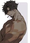  1boy bara cigarette completely_nude facial_hair from_side goatee_stubble hair_over_one_eye highres large_pectorals looking_down male_focus mature_male muni_(fdrk) muscular muscular_male nude original pectorals short_hair solo stubble thick_eyebrows upper_body 