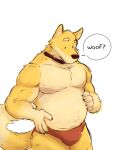  anthro belly black_collar black_nose briefs bulge canid canine canis clothing collar domestic_dog hi_res male mammal musclegut muscular muscular_anthro muscular_male nomnom_arts overweight overweight_anthro overweight_male pecs red_briefs red_clothing red_underwear simple_background snout speech_bubble tail underwear white_background woof_(sound_effect) 
