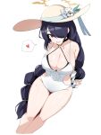  1girl absurdres black_hair blue_archive braid braided_ponytail breasts cleavage cropped_legs flower hat hat_flower heart highres hinata_(blue_archive) hinata_(swimsuit)_(blue_archive) large_breasts long_hair looking_at_viewer one-piece_swimsuit open_mouth plentyofempty red_eyes simple_background solo spoken_heart sun_hat sweat swimsuit very_long_hair white_background white_flower white_one-piece_swimsuit 