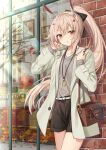  1girl autumn_leaves ayanami_(azur_lane) azur_lane bag belt black_bow blonde_hair blush bow breasts brick_wall carrying_bag casual coat commentary_request contemporary green_coat grey_shirt hair_bow handbag headgear highres jewelry long_hair looking_at_viewer necklace outdoors parted_lips ponytail red_eyes shirt shorts small_breasts solo storefront sugisaki_yuu tree very_long_hair window 
