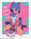  1girl animal_ears blue_hair brand_new_animal cake character_name collarbone dated food furry furry_female green_eyes happy_birthday jacket kagemori_michiru looking_at_viewer michirutnk multicolored_background multicolored_eyes pink_eyes raccoon_ears raccoon_girl raccoon_tail red_jacket short_hair sitting solo tail thighs track_jacket 