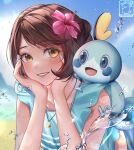 1girl 1other blue_dress blush brown_hair character_request chikenryice dress flower hair_flower hair_ornament jewelry medium_hair necklace pokemon smile swimsuit teeth water yellow_eyes 