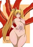  absurdres animal_ears bad_source belly blonde_hair breasts demon_tail highres naruto naruto_(series) naruto_shippuuden nipples pussy slit_pupils smile tail tan tanlines tattoo twintails 