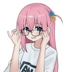  1girl bespectacled black-framed_eyewear blue_eyes blush bocchi_the_rock! casual chinese_commentary clothes_writing commentary cube_hair_ornament glasses gotou_hitori hair_between_eyes hair_ornament hands_up highres logo long_hair looking_at_viewer nagisa_(cxcx5235) one_side_up open_mouth pink-framed_eyewear pink_hair product_placement shirt short_sleeves solo t-shirt two-tone_eyewear upper_body vans wavy_mouth white_shirt wispy_bangs 