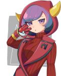  1girl blush breasts commentary_request courtney_(pokemon) fake_horns gloves grey_background hand_up head_tilt highres holding holding_poke_ball hood hood_up hooded_vest hoodie horns komejirushi_(mjex2458) logo parted_lips poke_ball pokemon pokemon_(game) pokemon_oras purple_eyes purple_hair red_gloves red_sweater red_vest short_hair solo sweater team_magma team_magma_uniform turtleneck turtleneck_sweater upper_body vest 