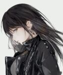  1girl black_hair black_jacket ear_piercing earrings from_side grey_background grey_eyes jacket jewelry long_hair looking_at_viewer moaomao_mo original parted_lips piercing sidelocks simple_background solo upper_body 