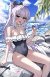  1girl absurdres beach black_ribbon blue_archive blue_hair blue_halo blush breasts casual_one-piece_swimsuit cleavage cloud cloudy_sky commentary day food frilled_one-piece_swimsuit frills grey_eyes grey_hair hair_ribbon halo hand_up high_ponytail highres holding holding_food holding_ice_cream ice_cream innertube long_hair looking_at_viewer medium_breasts miyako_(blue_archive) miyako_(swimsuit)_(blue_archive) ocean off-shoulder_one-piece_swimsuit off_shoulder official_alternate_costume one-piece_swimsuit open_mouth outdoors palm_tree ponytail ribbon saliva_drip shiriaru_(jjonaeng) sidelocks sitting sky solo swimsuit tongue tongue_out transparent_bag tree 