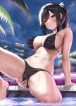  1girl arm_support bikini black_bikini black_hair blue_eyes blush breasts building closed_mouth cloud commentary_request female_pubic_hair highres jack_dempa large_breasts looking_at_viewer miyamae_shiho_(jack_dempa) mole mole_on_arm mole_on_breast mole_on_thigh mole_under_eye navel night night_sky original outdoors partially_submerged ponytail pool pubic_hair short_hair sidelocks sitting sky smile solo star_(sky) starry_sky swimsuit water wet 