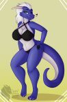  absurd_res anthro big_breasts bikini breasts clothed clothing digital_media_(artwork) dragon female grumpy_griffin_creations hair hand_on_hip hi_res horn looking_at_viewer marvelous_managerie simple_background smile solo solo_focus swimwear thick_thighs tongue tongue_out 