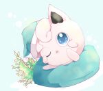  ;o asakirirokuyu blue_background blue_eyes blue_headwear commentary_request full_body hat jigglypuff looking_at_viewer nightcap no_humans one_eye_closed open_mouth pillow plant pokemon pokemon_(creature) pom_pom_(clothes) simple_background sleepy solo 