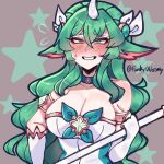  1girl bare_shoulders blush breasts cleavage elbow_gloves gem gloves green_eyes green_hair grin hair_between_eyes hair_ornament holding holding_staff horns junko_(funkywoomy) large_breasts league_of_legends long_hair single_horn smile solo soraka_(league_of_legends) staff star_(symbol) star_guardian_(league_of_legends) star_guardian_soraka sweat teeth white_gloves 