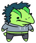  alpha_channel anthro bottomwear chibi clothed clothing colored dilophosaurid dilophosaurus dinosaur hair hoodie male midriff milhouse_(gvh) navel nrool pants reptile scalie simple_background snoot_game solo theropod topwear transparent_background 