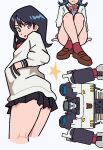  1girl black_hair blue_eyes bow bowtie breasts cardigan cropped_legs crossed_legs decepticon drawbuster earphones from_behind gridman_universe hands_in_pockets highres insignia loafers long_hair mecha megatron_(shattered_glass) orange_scrunchie red_bow red_bowtie red_socks robot scrunchie shoes socks ssss.gridman star_(symbol) sweater takarada_rikka thick_thighs thighs transformers transformers_shattered_glass white_background white_cardigan white_sweater wrist_scrunchie 