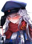  1girl 33_gaff absurdres black_gloves blue_headwear blush commentary_request commission girls&#039;_frontline gloves grey_hair hat highres long_hair looking_at_viewer makarov_(girls&#039;_frontline) makarov_(mod3)_(girls&#039;_frontline) military_hat red_eyes red_scarf red_star scarf simple_background skeb_commission solo star_(symbol) sweatdrop upper_body white_background 
