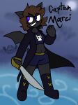  2021 3:4 anthro apollysabyss bat biped black_ears black_tail black_wings blue_clothing blue_eyes bottomwear breasts brown_hair cape clothing english_text eyelashes eyeshadow hair holding_object holding_sword holding_weapon legwear makeup mammal marci_(apollysabyss) melee_weapon pirate_outfit signature solo sword tail text topwear trans_(lore) trans_woman_(lore) weapon white_clothing wings yellow_clothing 