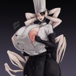  1girl apron arthropod_limbs artist_name black_gloves blood blood_from_eyes blood_from_mouth breasts chainsaw_man chef_hat clothes_pull curvy elbow_gloves extra_arms facing_viewer falling_devil_(chainsaw_man) flat_top_chef_hat gigantic_breasts gloves gradient_background hair_bun hat highres holding_head lactation lactation_through_clothes large_areolae nipple_slip nipples nosebleed open_mouth severed_head shirt_pull smile solo waist_apron wide_hips zer0.zer0 