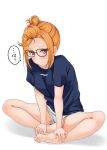  1girl arm_support bangs_pinned_back bare_legs barefoot blue_shirt blush closed_mouth double_bun forehead full_body furrowed_brow glasses hair_bun highres hino_minato_(spec.c) indian_style looking_at_viewer love_live! love_live!_superstar!! nervous on_floor orange_hair purple_eyes shibuya_kanon shirt short_hair short_shorts shorts sidelocks sideways_glance simple_background sitting solo speech_bubble t-shirt white_background white_shorts 