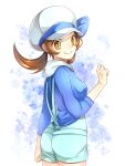  1girl alternate_color blue_bow blue_shirt blue_shorts bow breasts brown_hair cowboy_shot from_behind hat hat_bow highres long_hair long_sleeves looking_at_viewer looking_back lyra_(pokemon) pokemon pokemon_(game) pokemon_hgss shirt short_shorts shorts small_breasts solo standing suspender_shorts suspenders twintails white_background white_headwear yellow_eyes yomogi_(black-elf) 