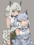  2girls :3 animal_print bare_shoulders blonde_hair blush bow bowtie canadian_lynx_(kemono_friends) cat_print center_frills chair collared_shirt elbow_gloves eurasian_lynx_(kemono_friends) extra_ears frills fur_collar gloves green_eyes grey_hair hair_between_eyes hand_on_another&#039;s_face high-waist_skirt highres kemono_friends lynx_ears lynx_girl lynx_tail multicolored_hair multiple_girls necktie one_eye_closed open_mouth print_bow print_bowtie print_gloves print_necktie print_skirt print_thighhighs shirt short_hair sidelocks sitting skirt smile thighhighs uf34a white_fur white_shirt yellow_eyes zettai_ryouiki 
