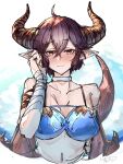 1girl ahoge bandaged_arm bandages bare_shoulders bikini blue_bikini blush breasts brown_hair choker closed_mouth dragon_girl dragon_tail dragon_wings embarrassed granblue_fantasy grea_(shingeki_no_bahamut) hair_between_eyes hand_in_own_hair hand_up highres holding large_breasts nabeji_(wata_nb) pointy_ears red_eyes short_hair sidelocks signature solo swimsuit tail upper_body wings 