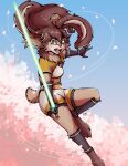  2023 action_pose anthro blue_eyes breasts brown_body brown_fur brown_hair cheek_tuft cherry_blossom clothed clothing facial_tuft female fur glistening green_lightsaber hair hi_res huandoodles lagomorph lepi leporid lightsaber long_ears looking_at_viewer lop_(star_wars_visions) mammal melee_weapon neck_tuft open_mouth plant pose rabbit scut_tail short_tail small_breasts solo star_wars star_wars_visions tail tan_body tan_fur tuft weapon 