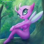  anthro blubluumon breasts butt celebi female forest forest_background generation_2_pokemon green_eyes hi_res legendary_pokemon nature nature_background nintendo nipples open_mouth pink_body plant pokemon pokemon_(species) shiny_celebi shiny_pokemon sitting solo tongue tree wings 
