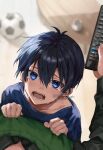  2boys aged_down ball black_hair blue_eyes blue_lock blue_shirt blurry blurry_background blush child controller crying cup father_and_son green_sweater_vest highres holding isagi_issei isagi_yoichi male_child male_focus mukotsu8 multiple_boys open_mouth pov remote_control shirt soccer_ball sweater_vest table tears twitter_username 