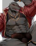  abs anthro anus balls blush bodily_fluids bulge chung0_0 clothed clothing epic_games fortnite genital_fluids genital_outline genitals grey_body grey_scales hi_res jacket komodo_dragon lizard male monitor_lizard muscular muscular_anthro muscular_male nipples open_clothing open_jacket open_mouth open_topwear pecs penis_outline precum precum_through_clothing precum_through_underwear red_clothing red_eyes red_jacket red_topwear reptile scales scalie serratus shirt solo sweat sweatdrop tank_top tenting thong thunder_(fortnite) topwear underwear wet wet_clothing 