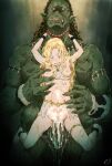  1boy 1girl blonde_hair breasts breasts_out cuffs cum cum_in_pussy highres interspecies long_hair meat_armor monodevil orc original overflow pubic_tattoo rape restrained sex small_breasts stomach_bulge tattoo thigh_strap vaginal 