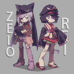  2others :s androgynous animal_ear_headwear beanie black_hair black_headwear black_sleeves boots bow brown_sweater buttons cabbie_hat character_name closed_mouth collared_socks commentary detached_sleeves english_commentary eye_of_senri eye_on_hat frilled_sleeves frills frown full_body geta green_hakama green_skirt grey_background grey_footwear grey_hair grey_shorts hakama hakama_short_skirt hakama_skirt hat hat_pin holding holding_tablet_pc japanese_clothes jeto_(jetopyon) kimono knee_boots kneehighs len&#039;en long_sleeves multiple_others other_focus pale_skin red_bow red_footwear rei_(len&#039;en) shadow short_hair shorts skirt sleeveless sleeveless_kimono socks sweater tabi tablet_pc turtleneck turtleneck_sweater vertical-striped_sweater waist_bow white_kimono white_socks wide_sleeves zelo_(len&#039;en) 