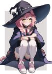  1girl absurdres animal_ears arknights black_bracelet black_headwear black_skirt blue_cloak blush border bracelet braid cat_ears cat_girl cat_tail cloak collar commentary crossed_arms english_commentary full_body goldenglow_(arknights) grey_background hat highres jewelry looking_at_viewer pink_footwear pink_hair shoes short_hair side_braid simple_background skirt sneakers solo squatting tail thighhighs white_thighhighs witch_hat yan_kodiac yellow_eyes 