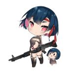  1girl 2girls ammunition_belt bandolier black_footwear black_shorts black_thighhighs blue_hair blush blush_stickers bracelet brown_choker brown_tank_top chibi choker closed_mouth colored_inner_hair from_behind full_body garter_straps girls&#039;_frontline gun hand_on_own_hip headband holding holding_gun holding_weapon jewelry looking_at_viewer looking_back m60 machine_gun multicolored_hair multiple_girls official_art pink_hair red_bracelet red_eyes red_headband saru shorts simple_background spiked_bracelet spikes tank_top thighhighs third-party_source torn_clothes torn_thighhighs transparent_background two-tone_hair v-shaped_eyes warrior_fairy_(girls&#039;_frontline) weapon 