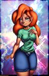  &lt;3 2023 absurd_res anthro beauty_mark belt bottomwear breasts brown_eyes canid canine canis clothed clothing collar digital_media_(artwork) disney domestic_dog ear_piercing ear_ring female goof_troop hair hi_res mammal piercing red_hair ring_piercing roxanne_(goof_troop) shirt shorts solo topwear viroveteruscy 