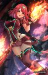  1girl breasts chest_jewel fingerless_gloves gem gloves highres jewelry kamaniki large_breasts looking_at_viewer pyra_(xenoblade) red_eyes red_hair short_hair shorts smile solo swept_bangs tiara xenoblade_chronicles_(series) xenoblade_chronicles_2 
