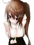  1girl black_dress breasts brown_eyes brown_hair cleavage dizzy_(nadecola9) dress formal highres large_breasts minakami_yuki simple_background subarashiki_hibi sweatdrop upper_body 